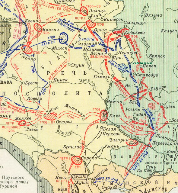 Карта передвижения русских и швежских войск в период Северной войны 1705-1711 годов